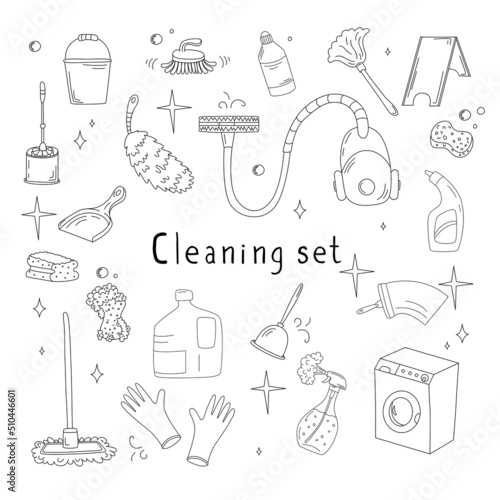 Hand-drawn set with elements of cleaning products. Vacuum cleaner, mops, gloves, rags and more in the doodle style.