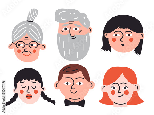 Set of abstract doodle faces. Hand drawn portraits of people of different nationalities, ethnicities, age and gender. Funny colorful characters. Collection of vector men and women icons