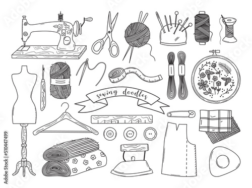 Set of outline doodle sewing elements. Retro machine, embroidery hoop, threads, yarn, fabric, iron, needles. Hand drawn studio vector illustrations. Atelier icon collection
