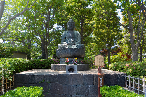 Buddha statue in the green park, surrounded by trees. Buddha wrote in Chinese. Flowers in front of the Buddha statue.