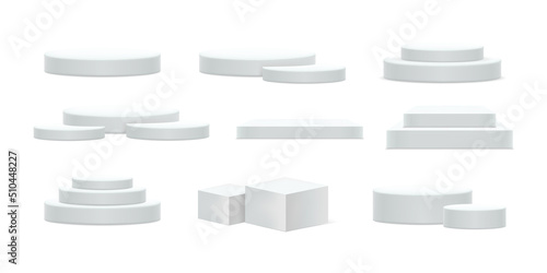 Vector set of realistic isolated podium platform in abstract stage for product placement and display on the white background.