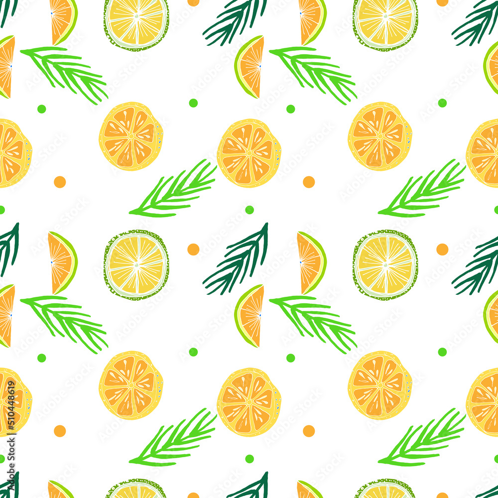 Vector seamless pattern with citrus fruits lemon, lime, orange, grapefruit, palm leaves. Hand drawn tropical illustration. Vector seamless pattern with citrus fruits lemon, lime, orange, grapefruit, palm leaves. Hand drawn tropical illustration.