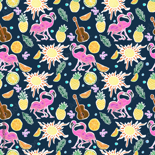 Vector hand drawn seamless pattern. Summer vacation, travel, tropical background with fruits, flamingo, palm leaves, ice cream, cocktails.