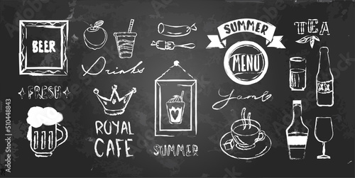 Vector set with chalk drawing elements of fastfood cafe, decorations and frames, drinks menu restaurant, hand written words, chalkboard interior design Chalk effect illustration isolated on blackboard