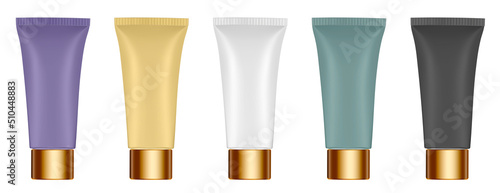 Set of multicolored tubes. 3d mockup. Purple, black, green, yellow and white colors. Hand cream, mask or lotion. Professional shampoo. Gold cap