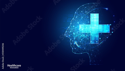 Abstract health science consist health plus Artificial intelligence digital technology concept modern medical using AI robots on blue background. Vector illustration.