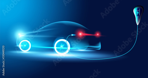 Abstract speed electric cars In the illustration, electric cars are powered by electric energy. Future energy.on blue background