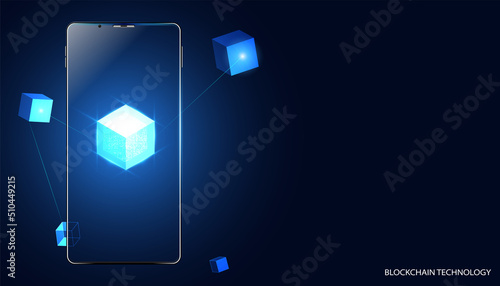 Abstract blockchain technology cryptocurrency and fintech square cube  and phone crypto operations Connect block, data transmission, new technology system, Vector illustration.