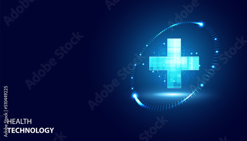 Abstract health science consist health plus circle digital technology concept  modern medical on hi tech future blue background.