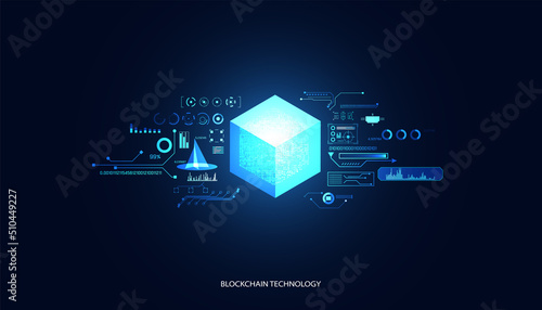 Abstract blockchain technology cryptocurrency and fintech square cube crypto operations Connect block, data transmission, new technology system, Vector illustration.