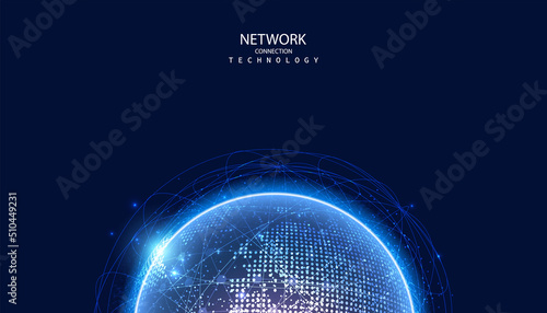 abstract global dot network circle digital connection and communication futuristic on blue background.