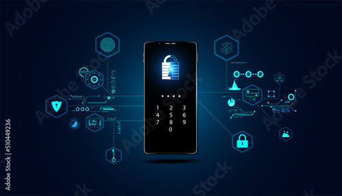 Abstract technology cyber security privacy information network concept padlock code on phone protection digital network internet link on hi tech blue future background