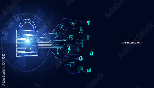 Abstract technology cyber security privacy information network concept padlock protection icons digital network internet link on hi tech blue future background