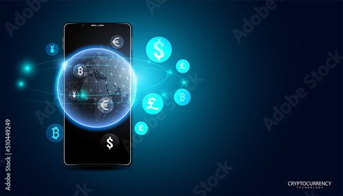 Abstract Digital world and phone Hologram DeFi Decentralized Finance Blockchain, cryptocurrency and bitcoin, online, internet transaction Futuristic.