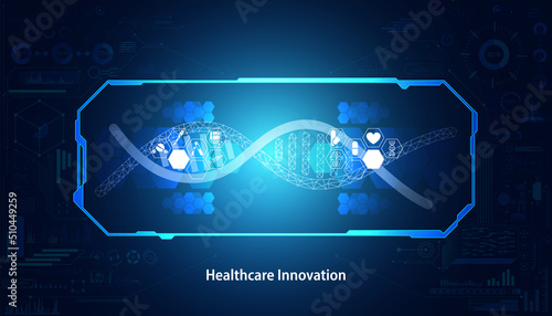 Abstract, healthcare, innovation, medical research, concept, dna, medical icon gene editing technology interface laboratory on blue background. Vector illustration.