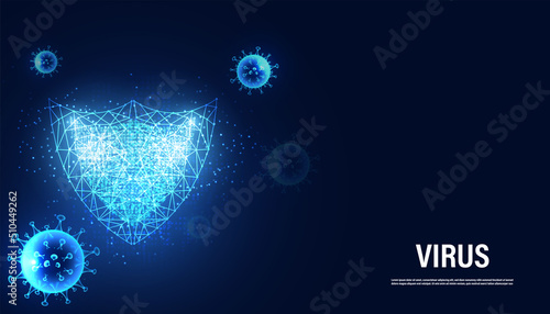 Abstract Virus protection concept shield against viruses, bacteria with glowing low polygonal shield for virus protection on blue background. Vector illustration.