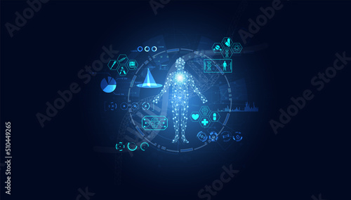 Abstract, healthcare, innovation, medical research, concept, dna, medical icon Gene editing technology interface laboratory using AI robots on blue background. Vector illustration.
