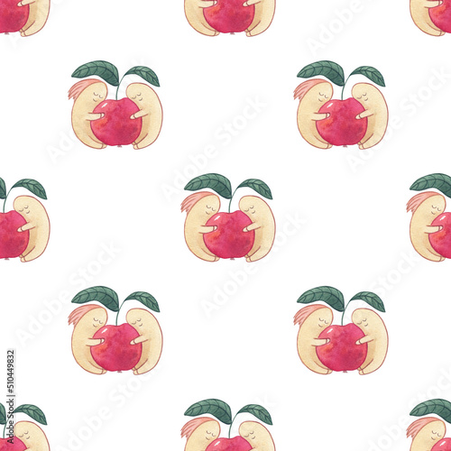 Worms on the red apple watercolor seamless pattern on white background photo