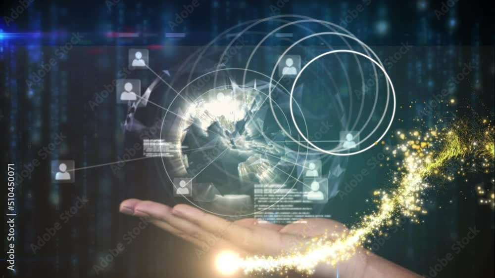 Animation of hand over globe and data processing Animation of hand over globe and data processing
