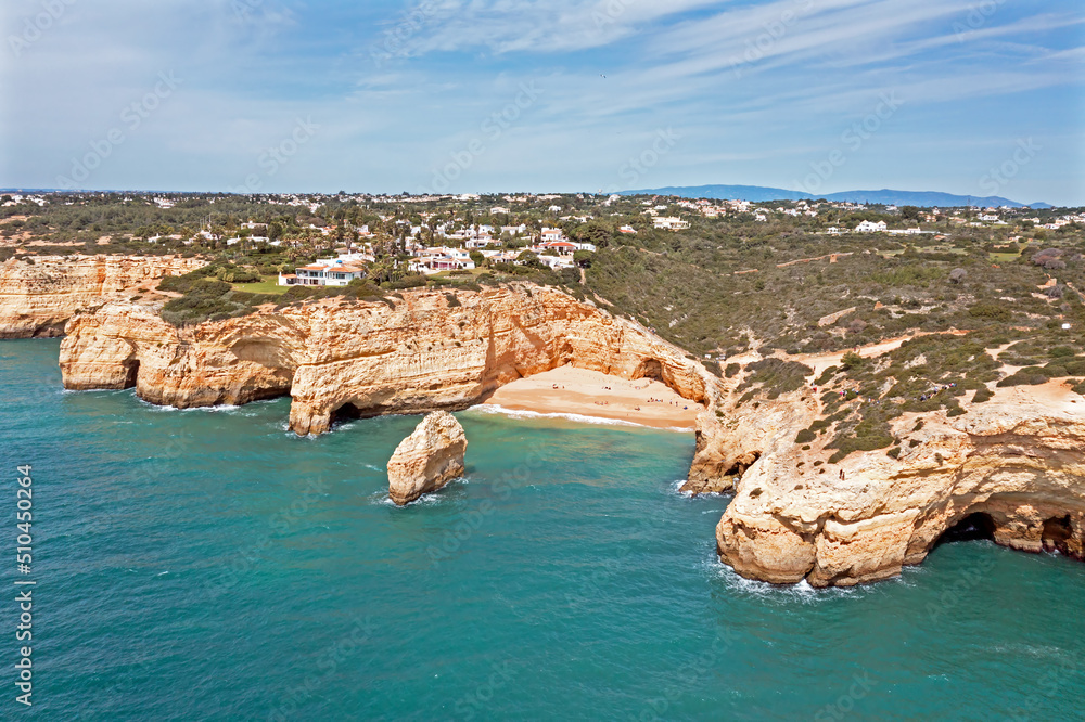 Aerial from Praia do Carvalho near Benagil in the Algarve Portugal