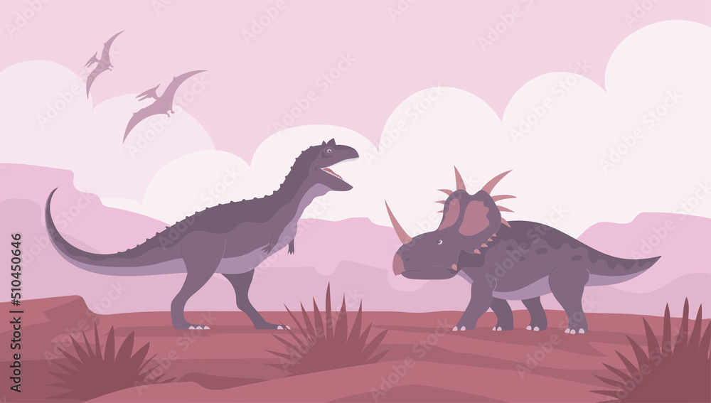 Styracosaurus vs carnotaurus. Lizard fight. Ceratops with dangerous horns. Dinosaur of the Jurassic period. Science paleontology. Vector cartoon illustration of prehistoric nature background