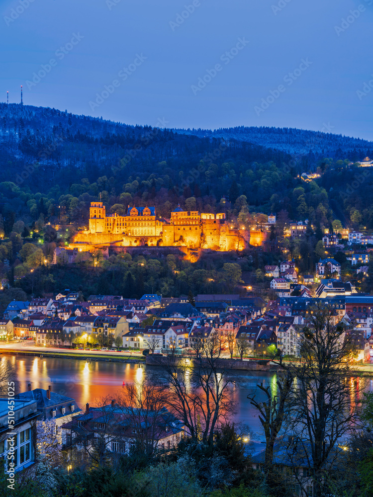Long exposure portrait shot of Heidelberg old town and Palace at dusk in Germany
