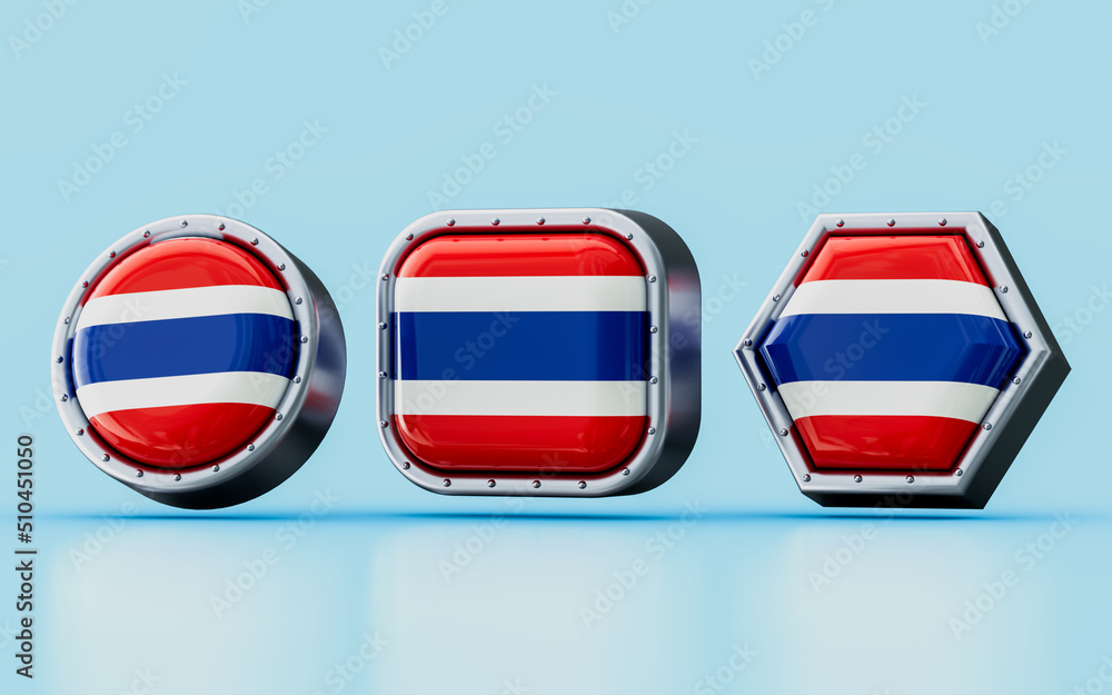3d render Flag signs of Thailand in three different shape frame, circle, square and hexagon 3d render Flag signs of Thailand in three different shape frame, circle, square and hexagon