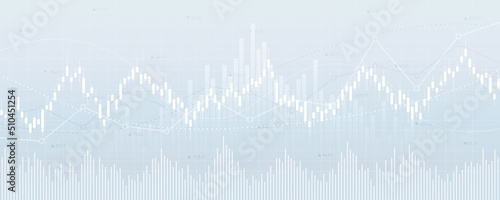 Widescreen abstract financial chart with uptrend line graph and candlestick on grey color background