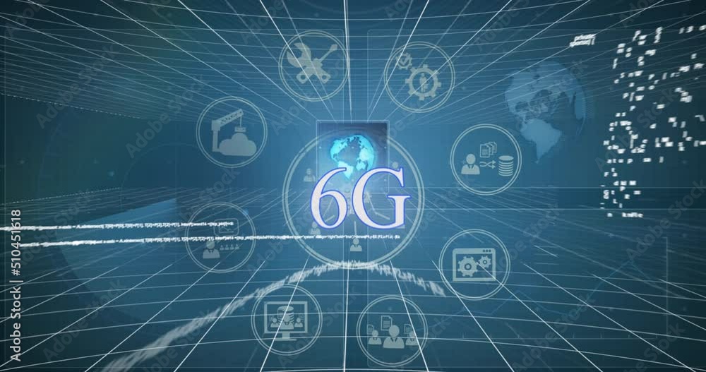 Animation of 6g text with business and data sharing icons and data processing Animation of 6g text with business and data sharing icons and data processing