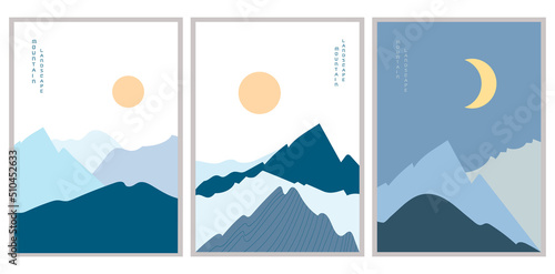 Vector illustration blue mountain landscape posters. Geometric landscape background in asian japanese style. Abstract symbol for print, poster, sticker, card design. 