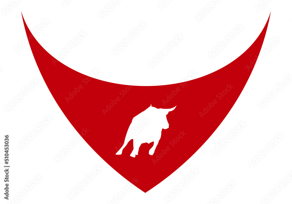 Pañuelo rojo de San Fermín con la silueta blanca de un toro o vaquilla  sobre fondo blanco vector de Stock