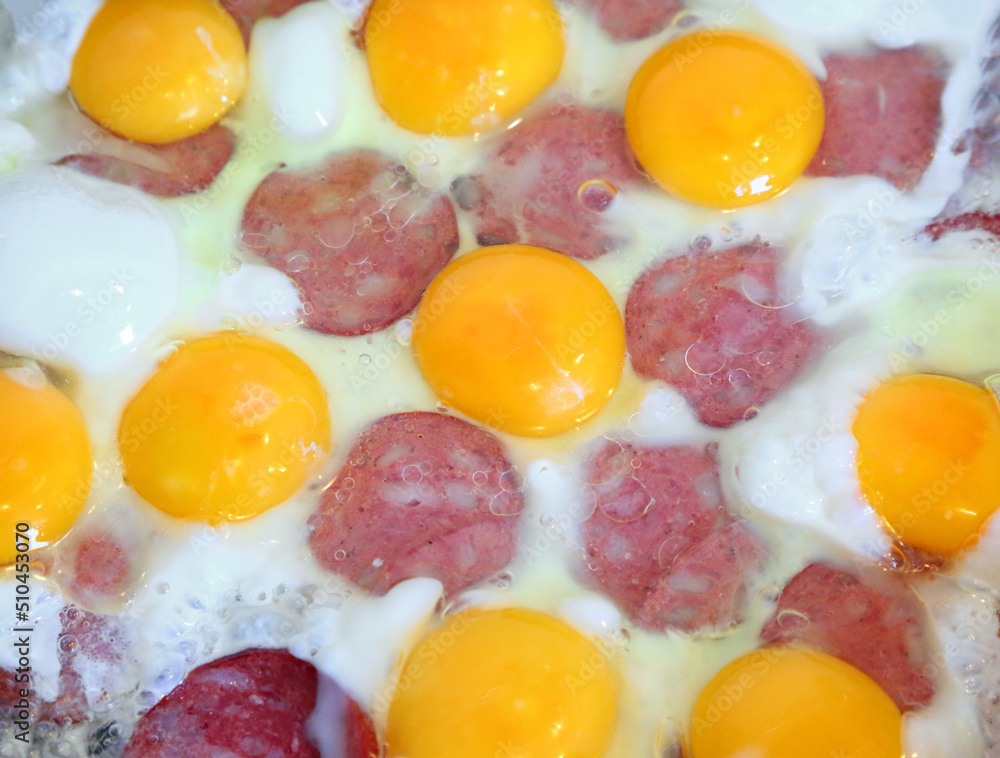 eggs and sausage fried on a pan eggs and sausage fried on a pan