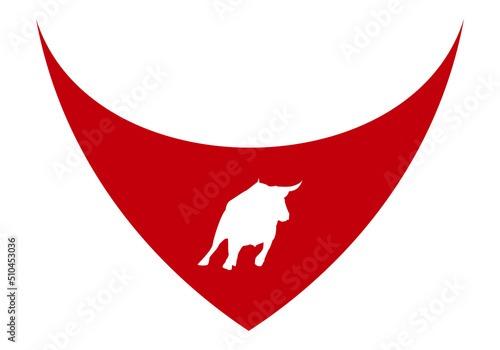 Pañuelo rojo de San Fermín con la silueta blanca de un toro o vaquilla sobre fondo blanco