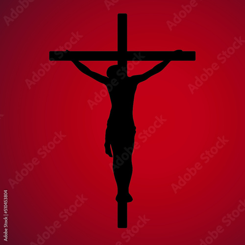 Silhouette of Jesus crucified on the cross isolated on red background  