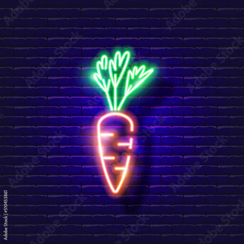 Carrot neon icon. Gardening and agriculture concept. Vector sign for design, website, signboard, banner, advertisement.