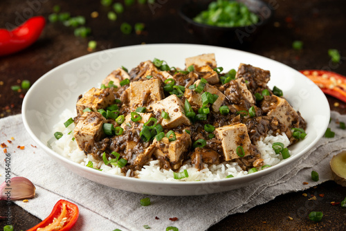 Vegan Mapo tofu with mushroom and rice. Asian, Chinese food
