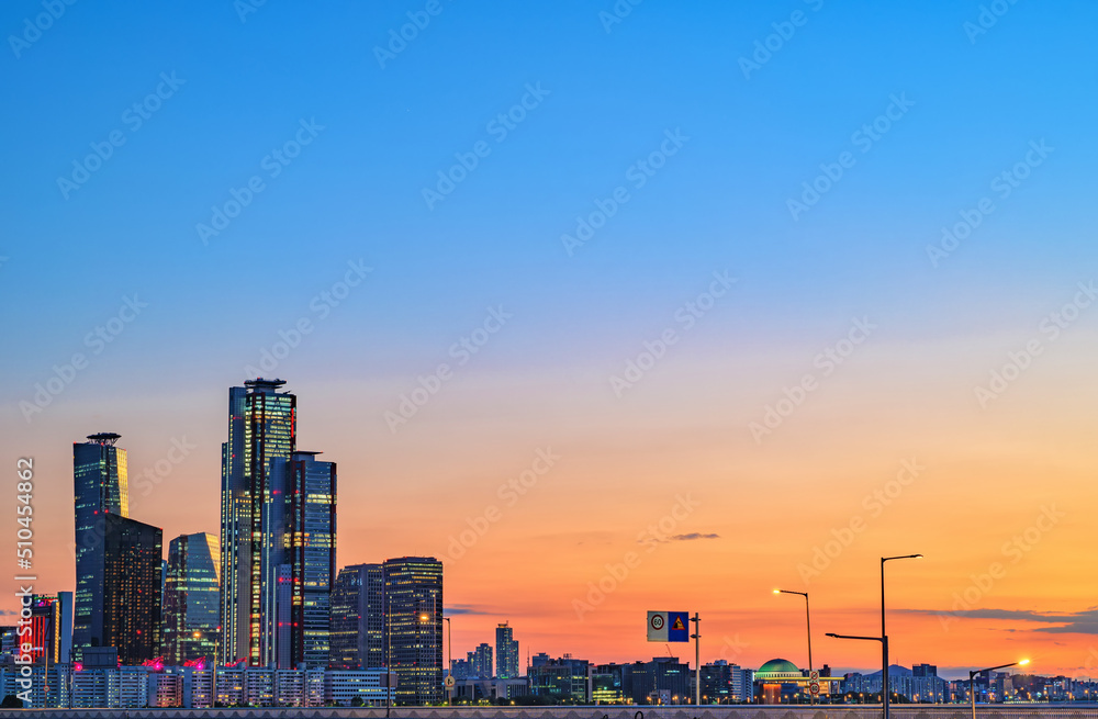 Cityscape of Yeouido skyscrapers in the business financial district taken in the evening sunset time in Seoul, South Korea