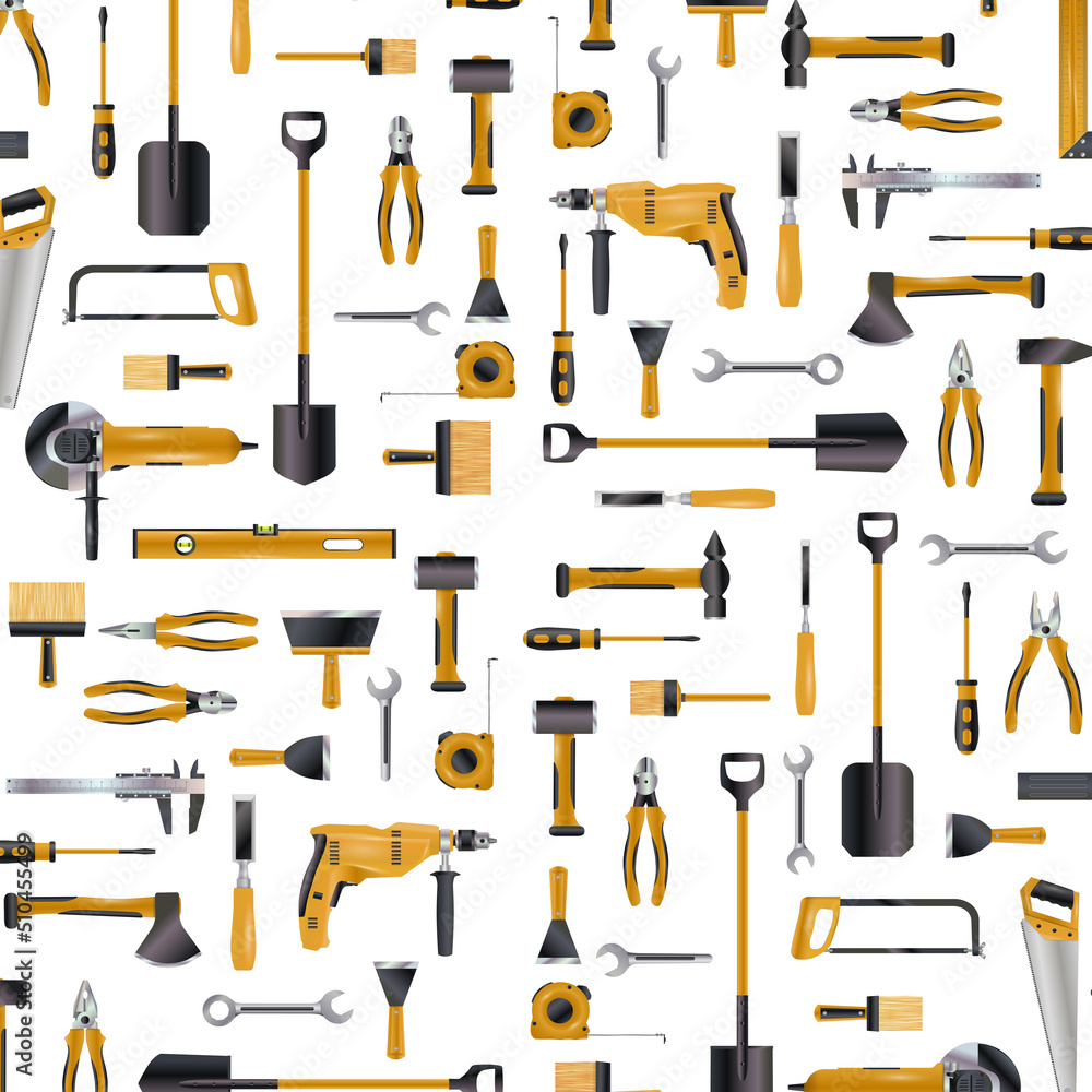 Construction tool pattern. Seamless background for repair worker and carpentry safety. House repairman equipment. Decor textile, wrapping paper, wallpaper. Endless texture, vector print Construction tool pattern. Seamless background for repair worker and carpentry safety. House repairman equipment. Decor textile, wrapping paper, wallpaper. Endless texture, vector print