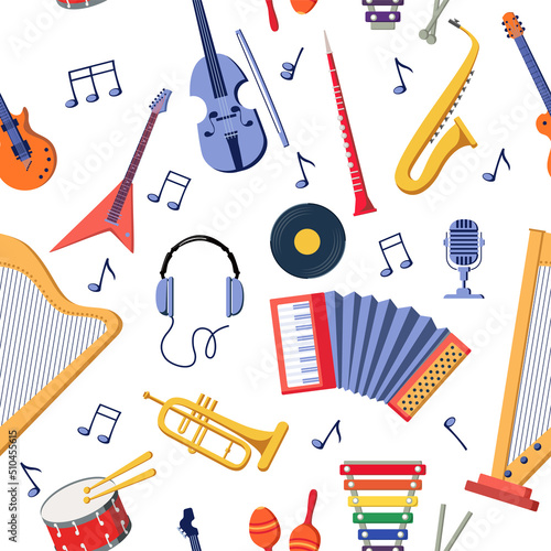 Music instruments pattern. Background with musical notes and orchestra equipment. Maraca or piano. Electric guitar. Cartoon violin and trumpet. Percussion drum. Seamless vector print