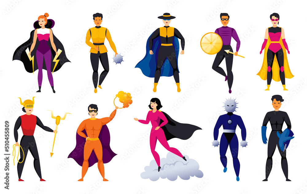 Flying super hero. Woman and man in comic superhero costumes with capes and masks. Superwoman characters. Strong muscular persons. Human in brave poses. Vector justice defenders set