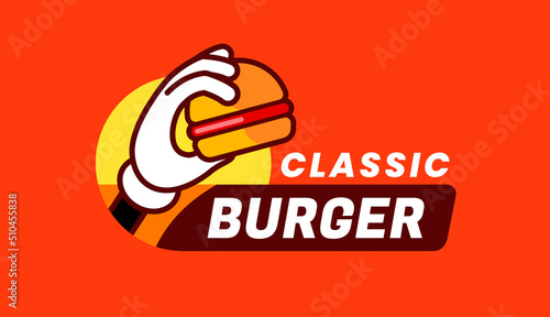 Sandwich or burger logo. Fast food poster. Funny snack and hand. Hamburger sticker for tasty lunch in restaurant. Bar flyer. Cafe emblem. Delicious cheeseburger. Vector meal menu badge