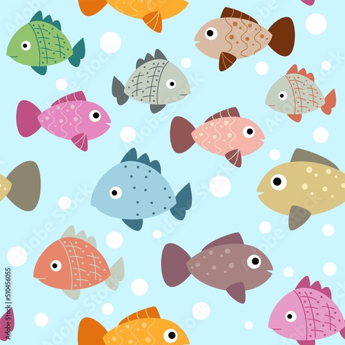 Fish seamless pattern. Kids background with water animals. Underwater fauna. Tropical aquatic creatures. Ocean coral reef. Marine nature. Seawater aquarium. Cartoon vector print design
