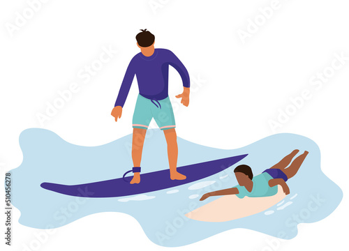 People at beach. Cartoon characters doing summer activities. Men surfing and swimming in ocean water. Tourists with surfboards. Sunbathing guys in swimsuits. Vector outdoor vacation