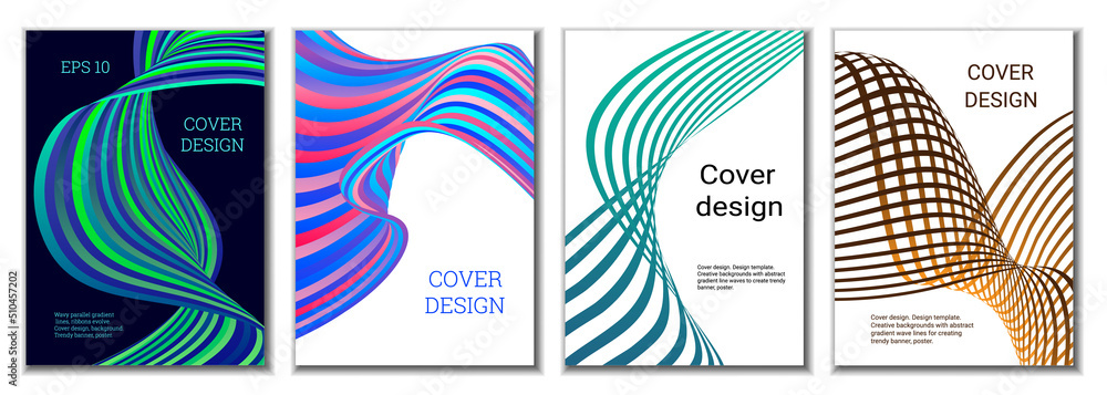A set of 4 abstract covers. Wavy parallel gradient lines, ribbons evolve. Cover design, background. Trendy banner, poster. A set of 4 abstract covers. Wavy parallel gradient lines, ribbons evolve. Cover design, background. Trendy banner, poster.