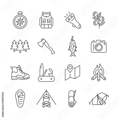 Сamping line icon set. Tourist vector symbols include compass, backpack, berry, forest, fish, camera, pocket knife, tent. Editable stroke.