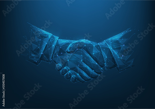 business shake hands low poly wireframe on dark blue background. Business partnership success concept. consists of dots, lines and triangles. business cooperation agreement. vector illustration .