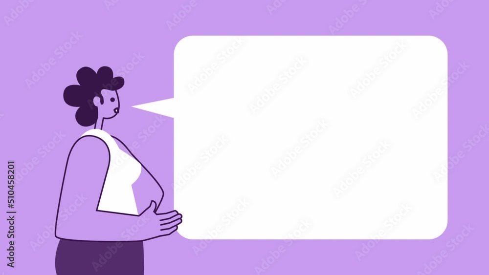Purple Style Woman Flat Character Talking Explain with Speech Bubble. Isolated Loop Animation with Alpha Channel Purple Style Woman Flat Character Talking Explain with Speech Bubble. Isolated Loop Animation with Alpha Channel