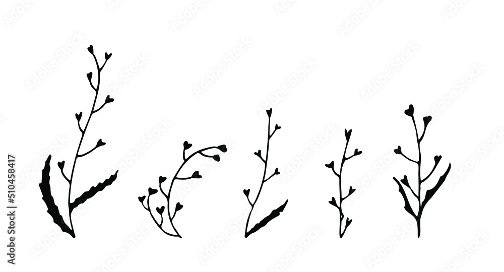 Set of herb with heart shapes flowers. Doodle style. Isolated vector