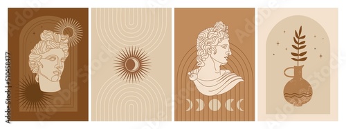 Set of abstract posters with antique god statue, abstract shapes, mystical elements and plants. Apollo one line art. Illustration for social media, posters, design template, invitation etc. Vector.