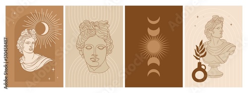 Set of abstract posters with antique god statue, abstract shapes, mystical elements and plants. Apollo one line art. Illustration for social media, posters, design template, invitation etc. Vector.